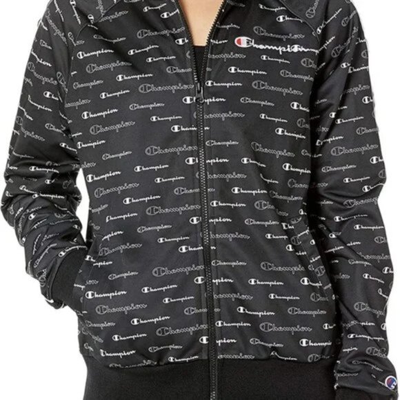 New Champion Black Printed Logo Long Sleeve Zippered Track Jacket WMN Size US XL - Picture 1 of 9